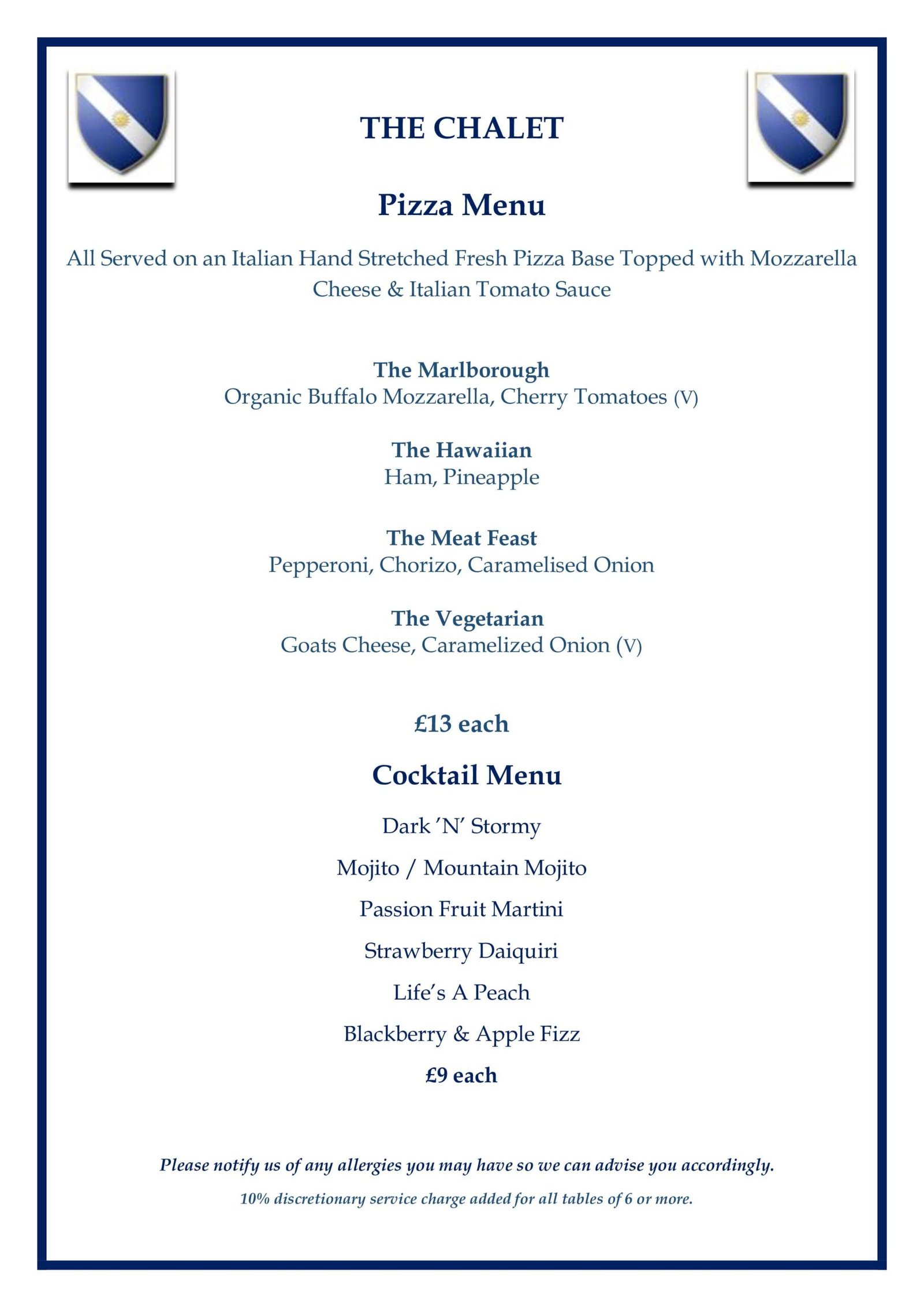 Chalet Pizza Menu